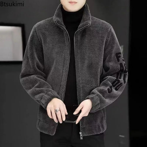 2026 Men's Autumn Winter Lamb Fleece Jackets Fashion Stand Collar Long Sleeve Thicked Warm Jacket Men Zipper Pocket Casual Coats
